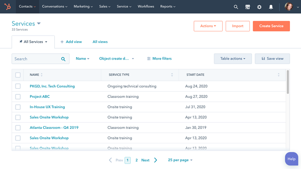 CusA list of custom objects listed under All Services