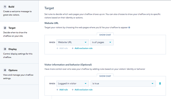 Target panel configuring visitor information and behavior