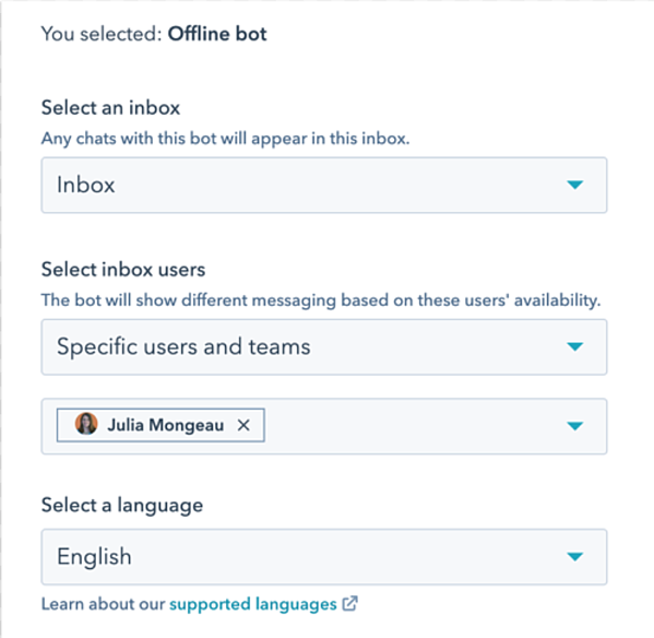 Offline bot creation panel with option dropdowns