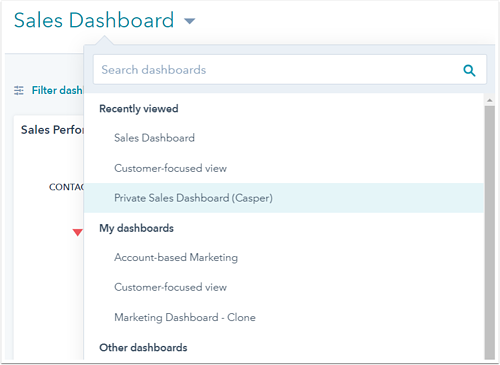 Sales Dashboard dropdown with Private Sales Dashboard (Casper) highlighted